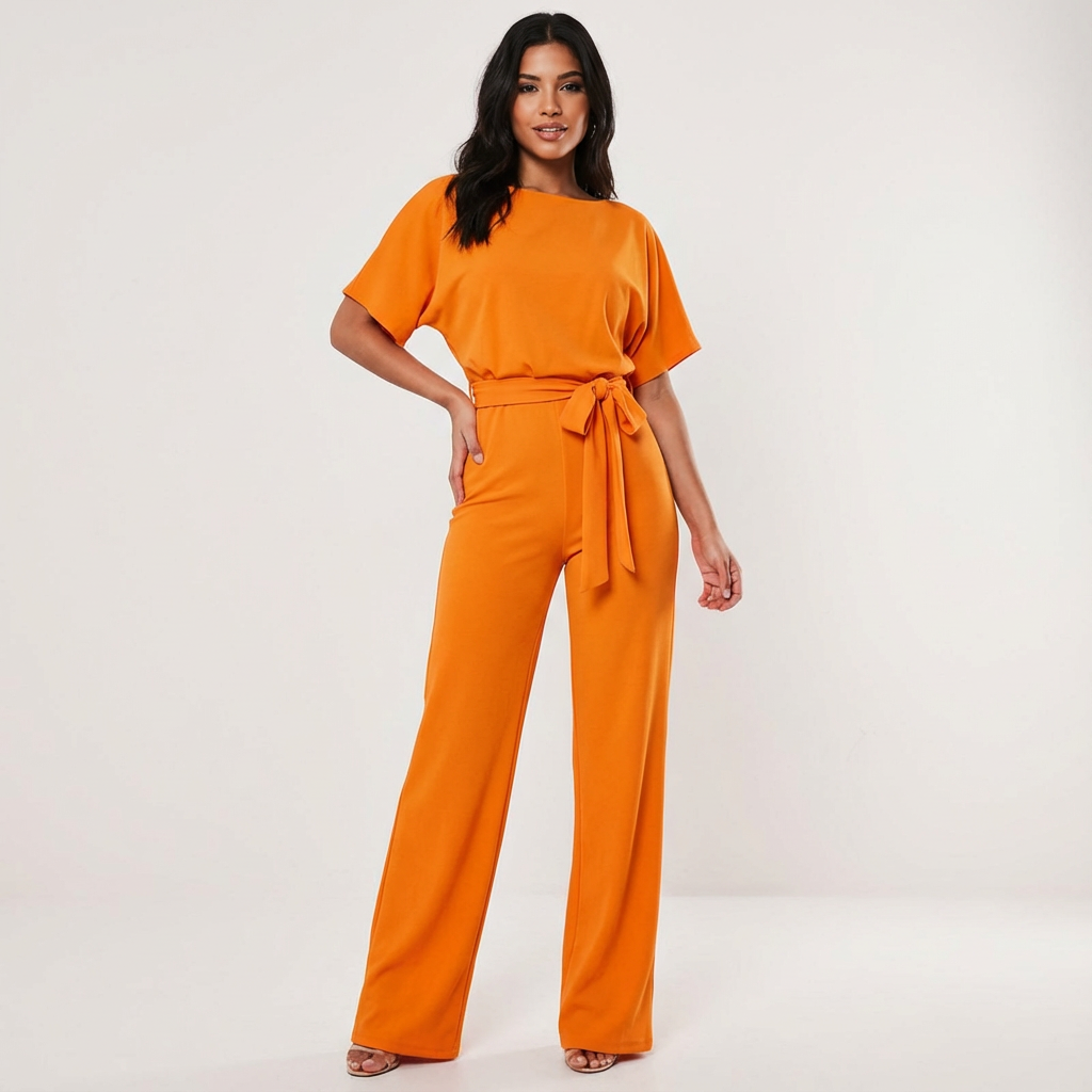 Dames jumpsuit met strikceintuur en wijde pijpen in oranje