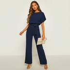Dames jumpsuit met strikceintuur en wijde pijpen in donkerblauw