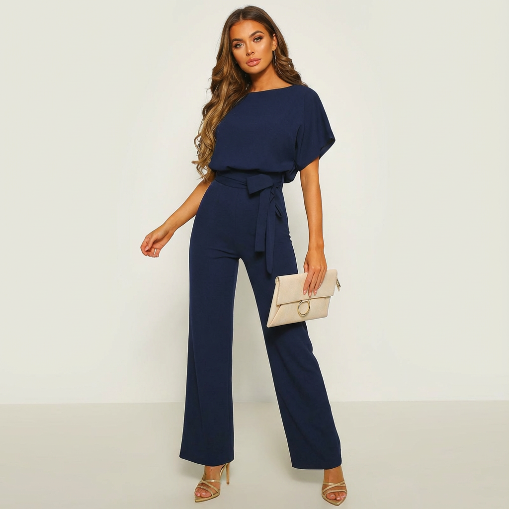 Dames jumpsuit met strikceintuur en wijde pijpen in donkerblauw