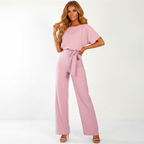 Dames jumpsuit met strikceintuur en wijde pijpen in roze