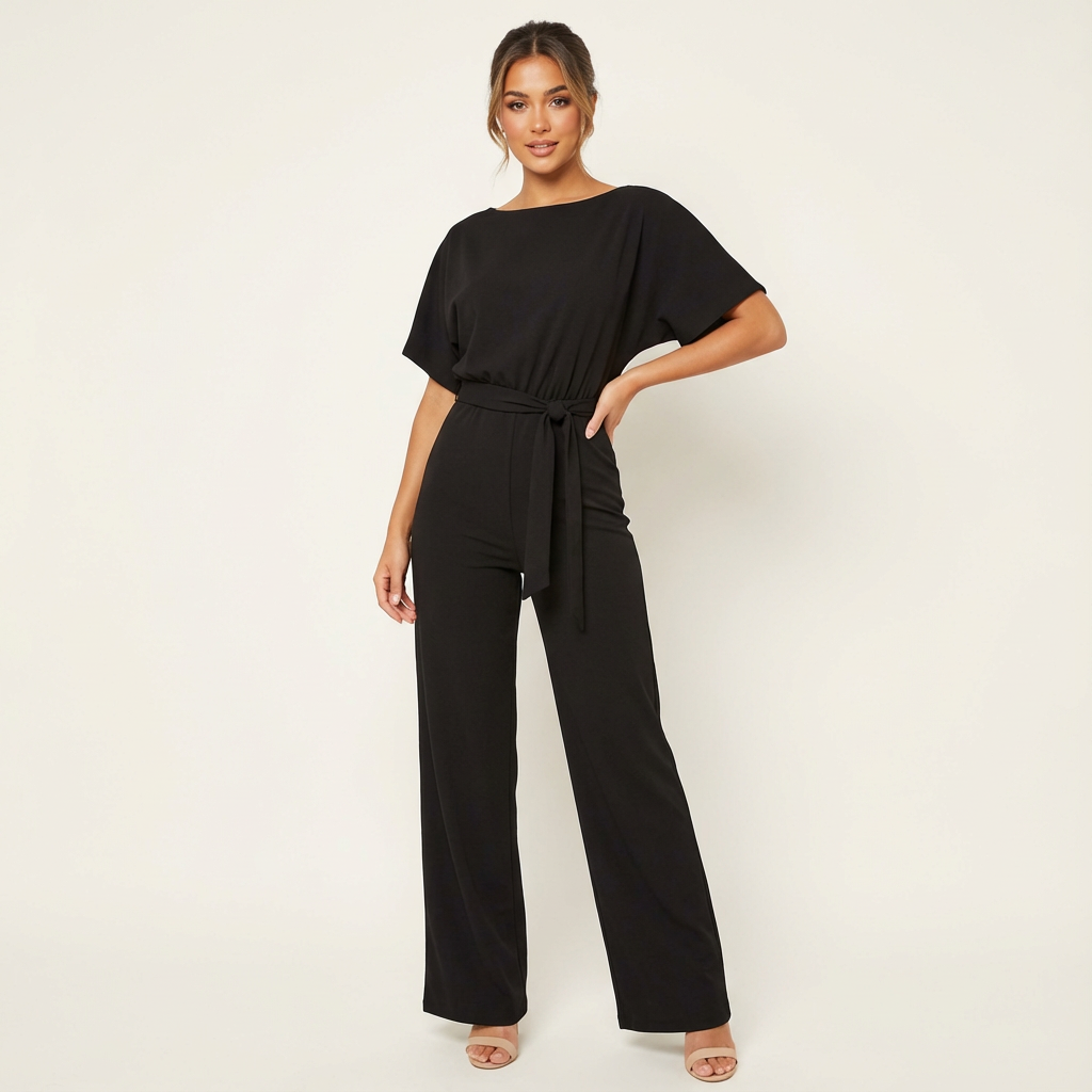 Dames jumpsuit met strikceintuur en wijde pijpen in zwart