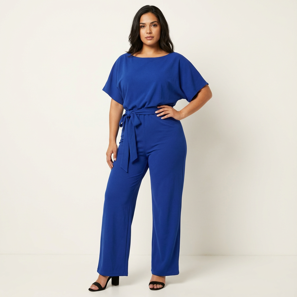 Dames jumpsuit met strikceintuur en wijde pijpen in blauw
