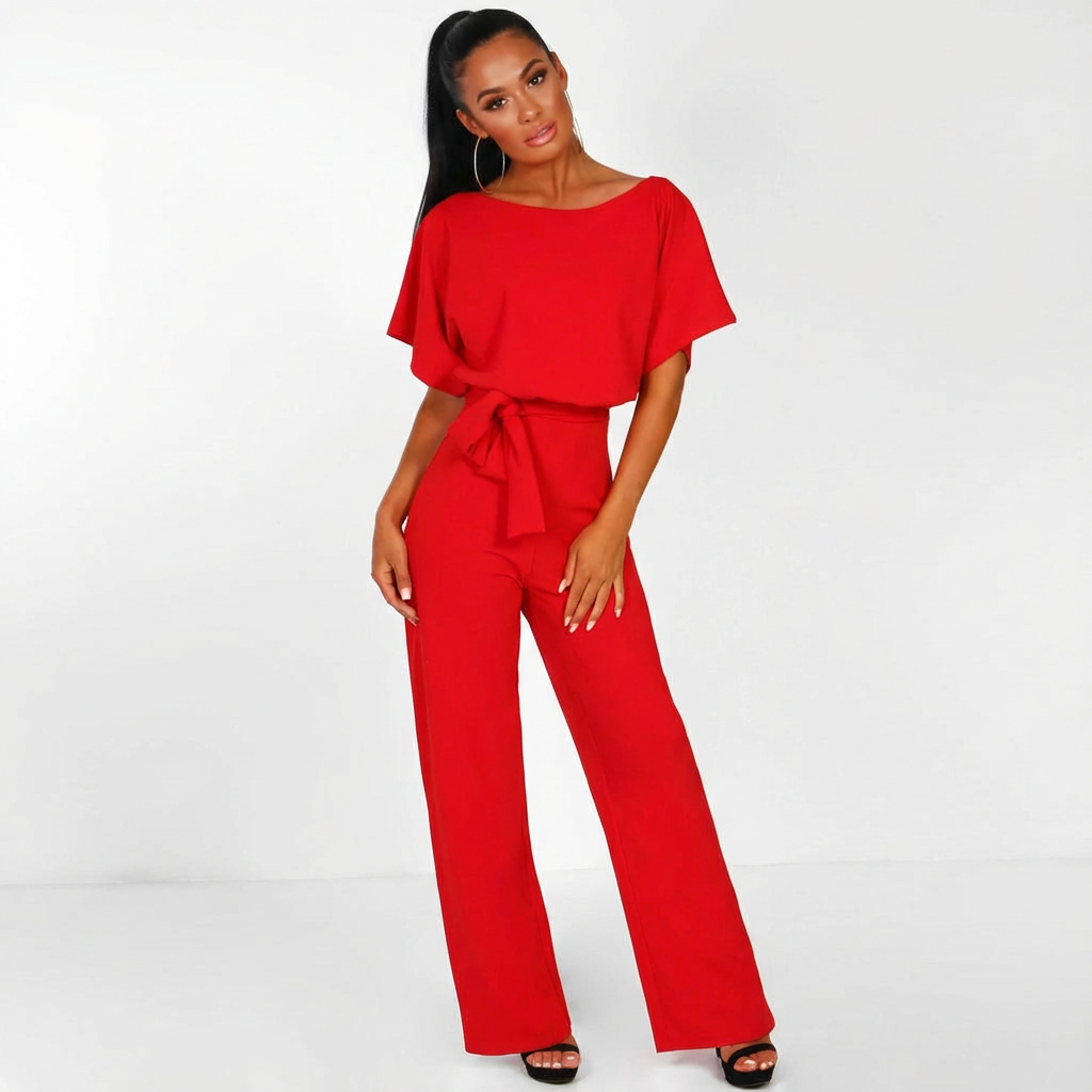 Dames jumpsuit met strikceintuur en wijde pijpen in rood