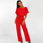 Dames jumpsuit met strikceintuur en wijde pijpen in rood