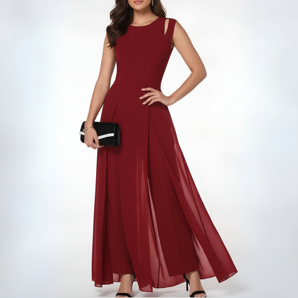 Mouwloze jumpsuit met wijde pijpen en overlay voor dames in rood