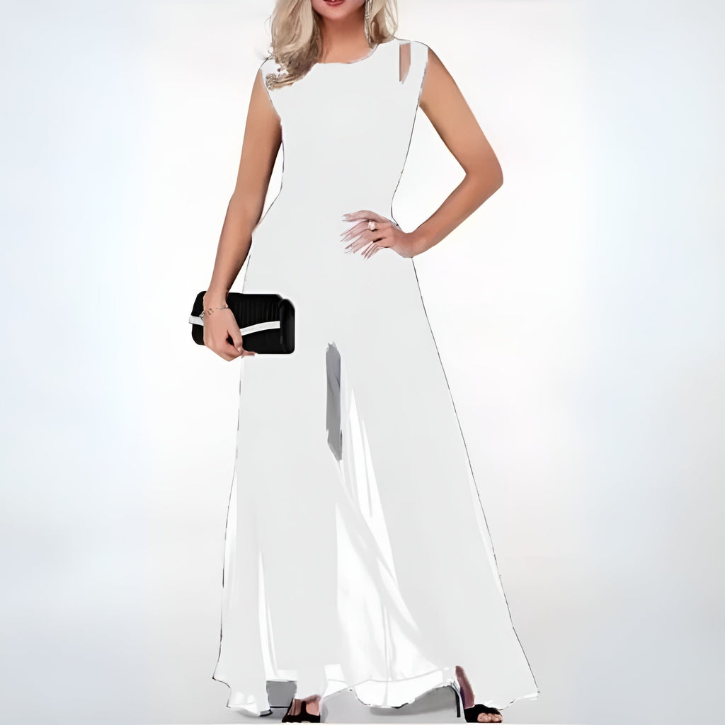 Mouwloze jumpsuit met wijde pijpen en overlay voor dames in wit