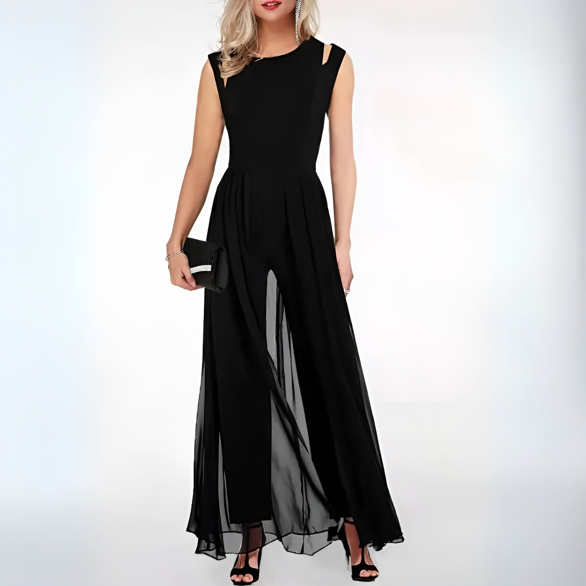 Mouwloze jumpsuit met wijde pijpen en overlay voor dames