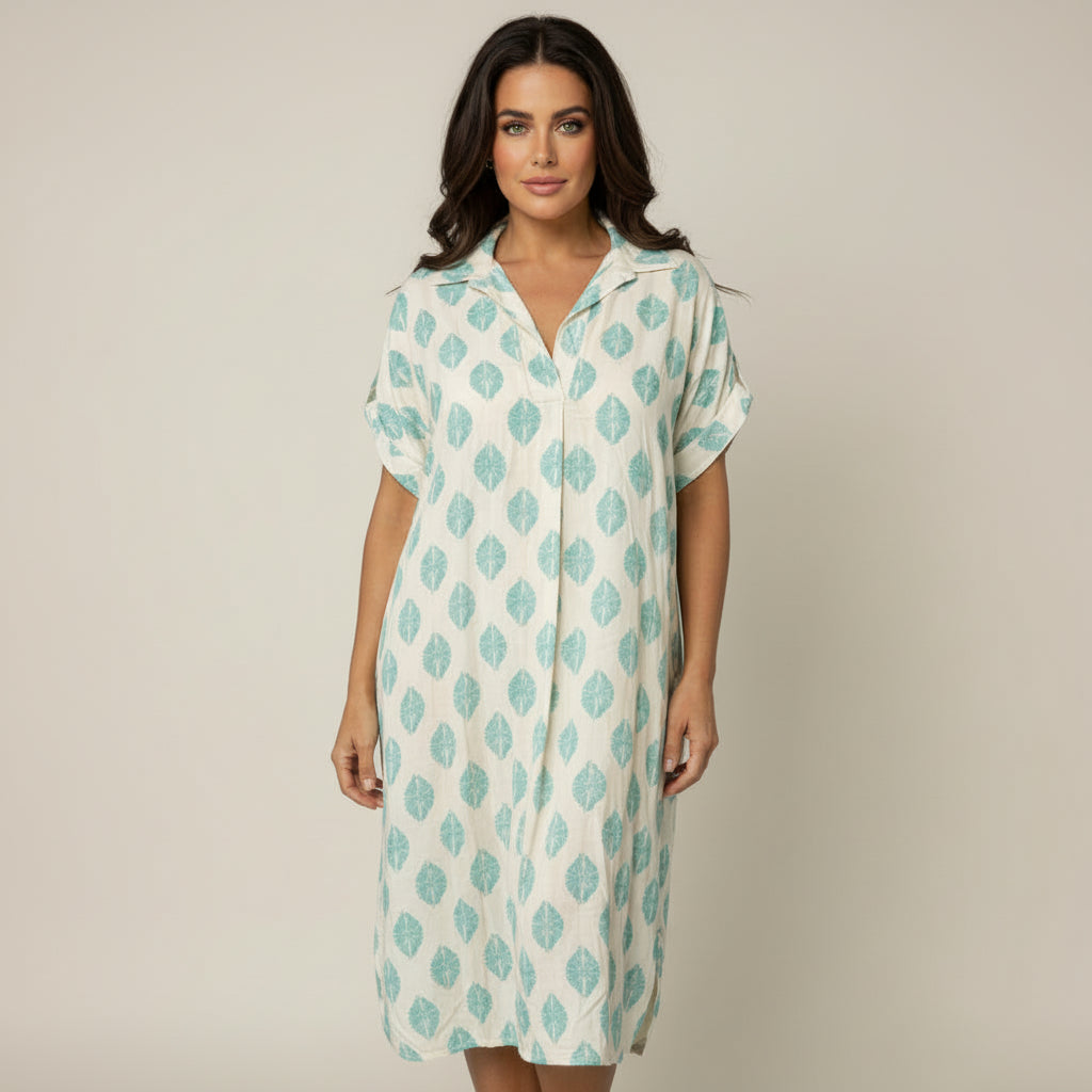 Jurk met subtiele print en knoopsluiting in blauw