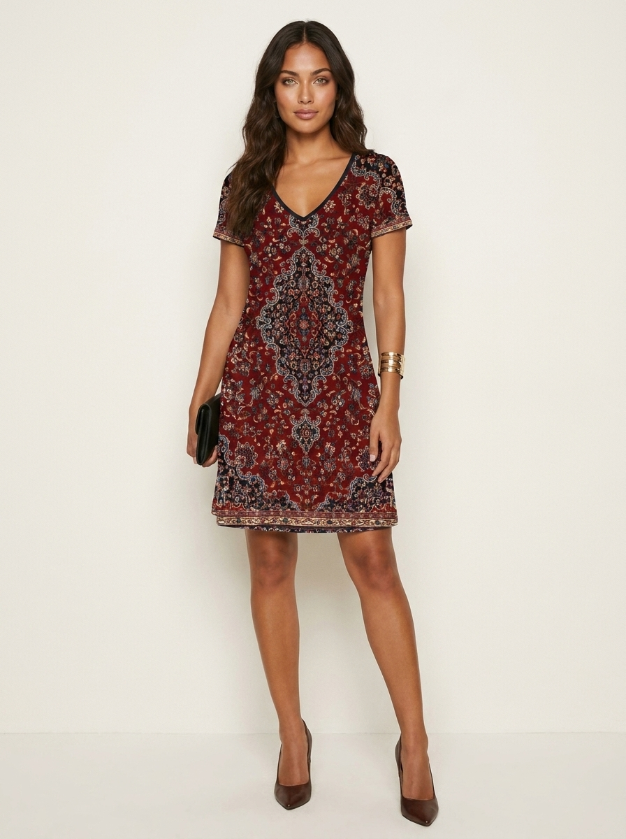 Jurk met V-hals, print en asymmetrische zoom in rood