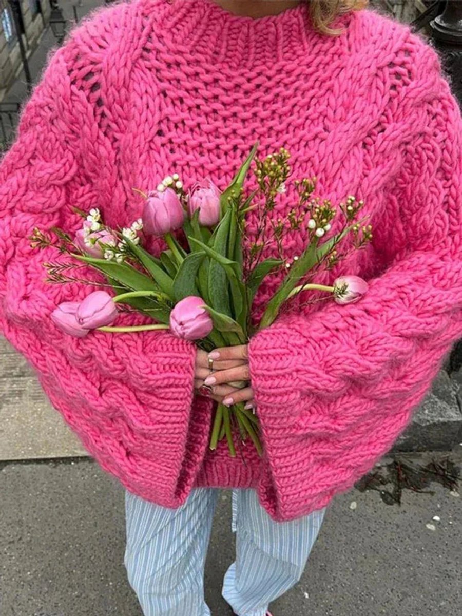 Kabeltrui met wijde mouwen en cocoonpasvorm voor dames in roze