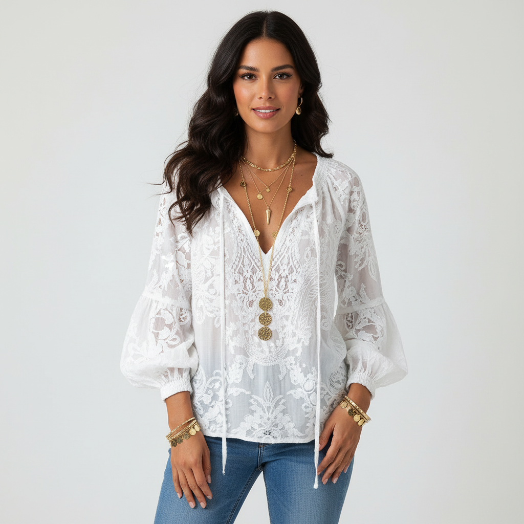 Kanten blouse met strikdetail in wit