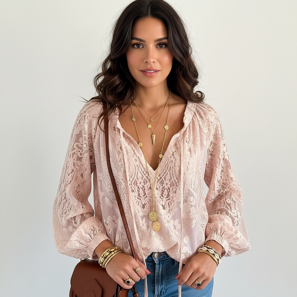Kanten blouse met strikdetail in roze
