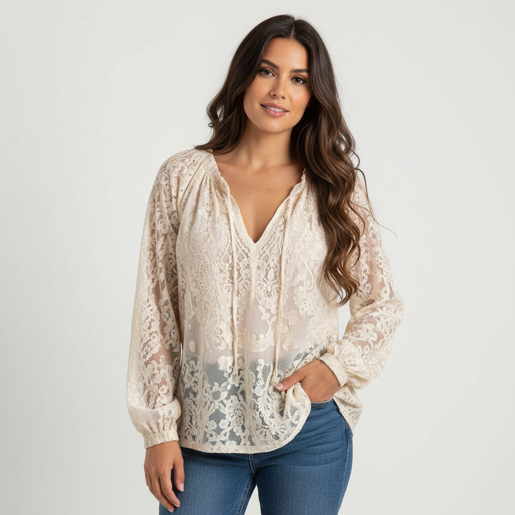 Kanten blouse met strikdetail in crème