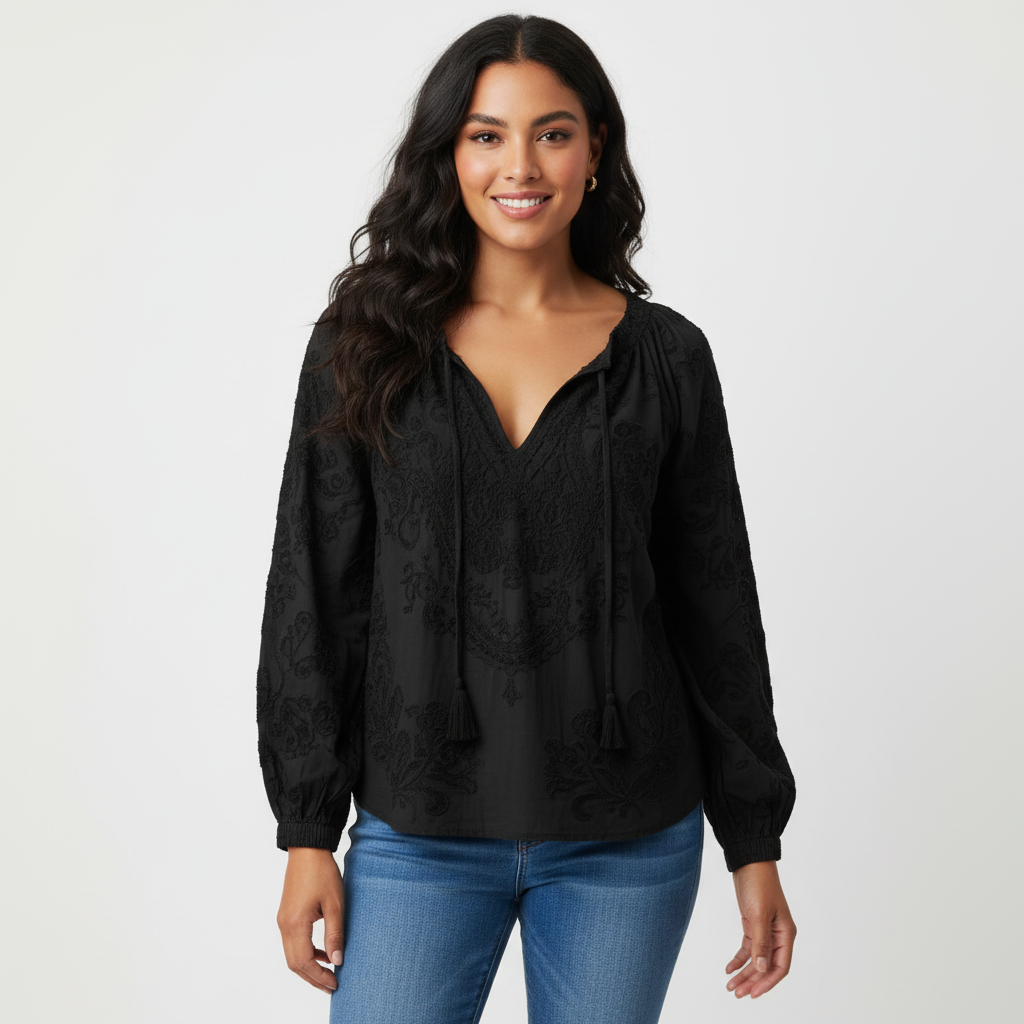 Kanten blouse met strikdetail in zwart