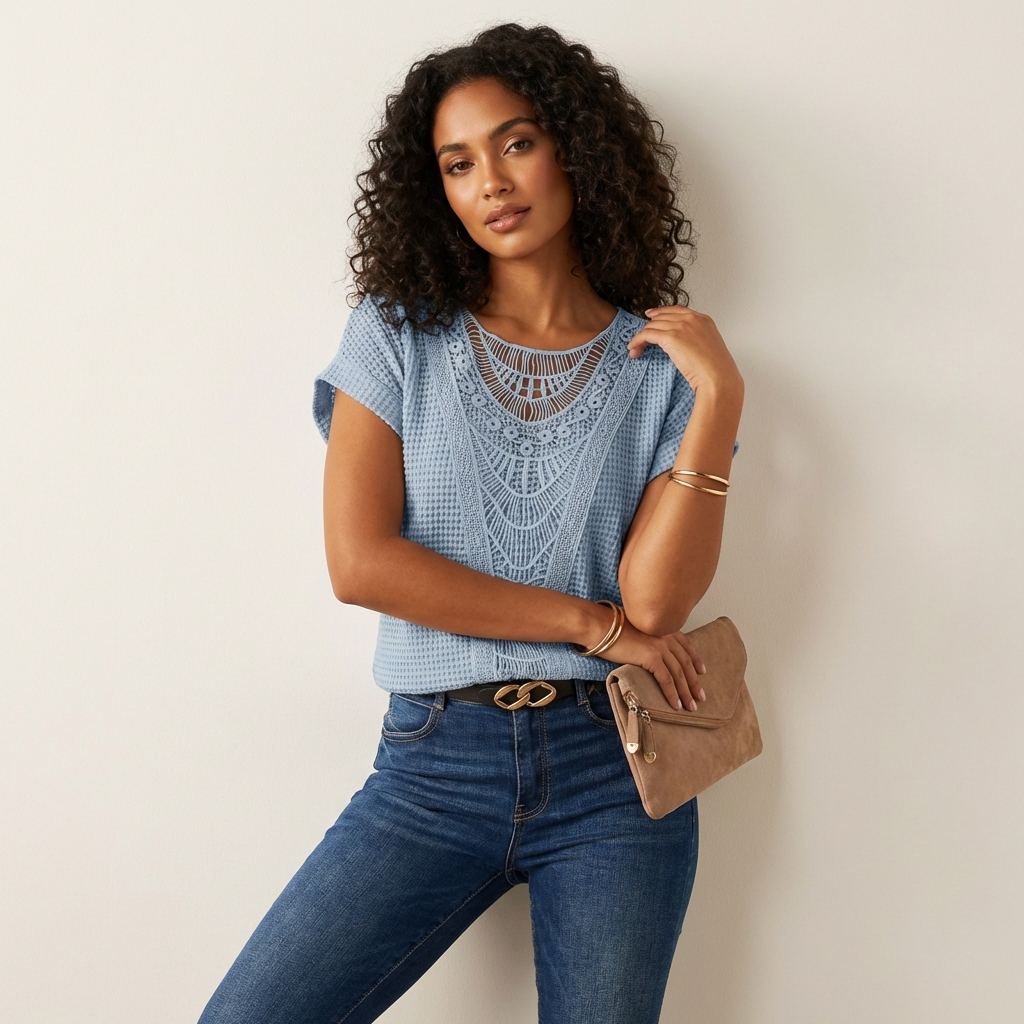 Kanten top met ronde hals en korte mouwen in licht blauw
