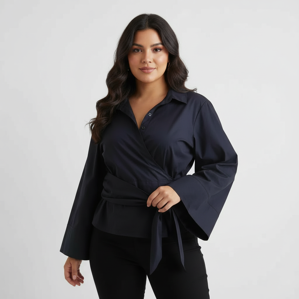 Katoenen top met strikceintuur voor dames in blauw