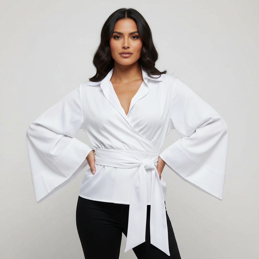 Katoenen top met strikceintuur voor dames in wit