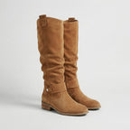 Knielaarzen met lage hak en suede-look voor dames in lichtbruin
