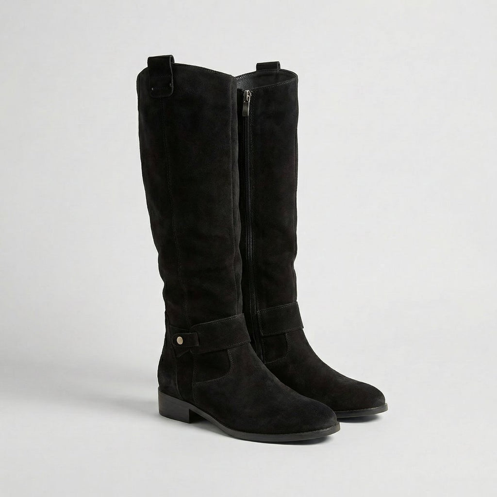 Knielaarzen met lage hak en suede-look voor dames in zwart