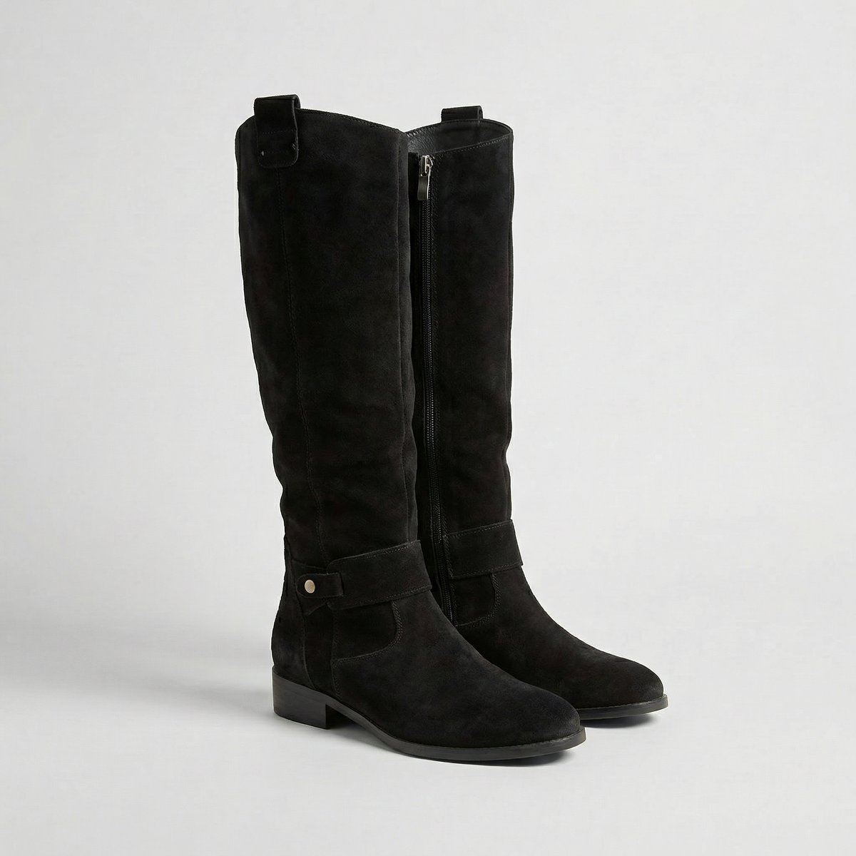 Knielaarzen met lage hak en suede-look voor dames in zwart