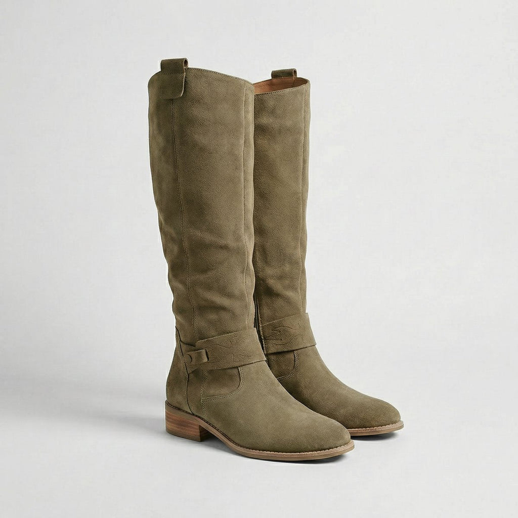 Knielaarzen met lage hak en suede-look voor dames in groen