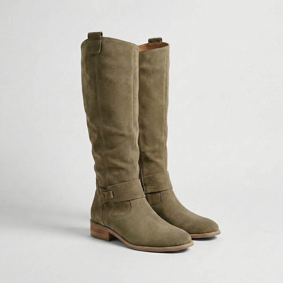 Knielaarzen met lage hak en suede-look voor dames in groen