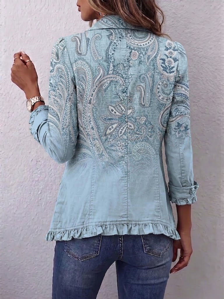 Kort jasje met paisleyprint en ruffle zoom voor dames in luchtblauw