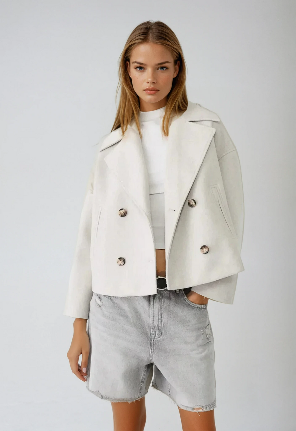 Korte blazer met dubbele knoopsluiting en brede revers voor dames in wit