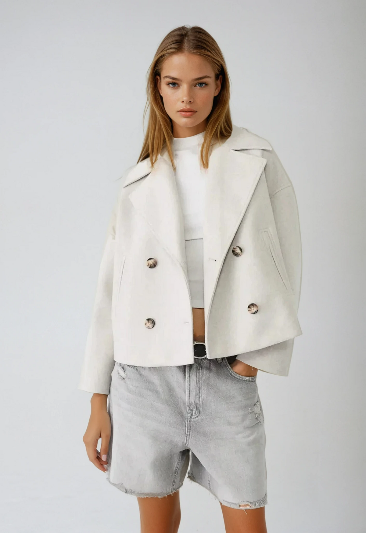 Korte blazer met dubbele knoopsluiting en brede revers voor dames in wit