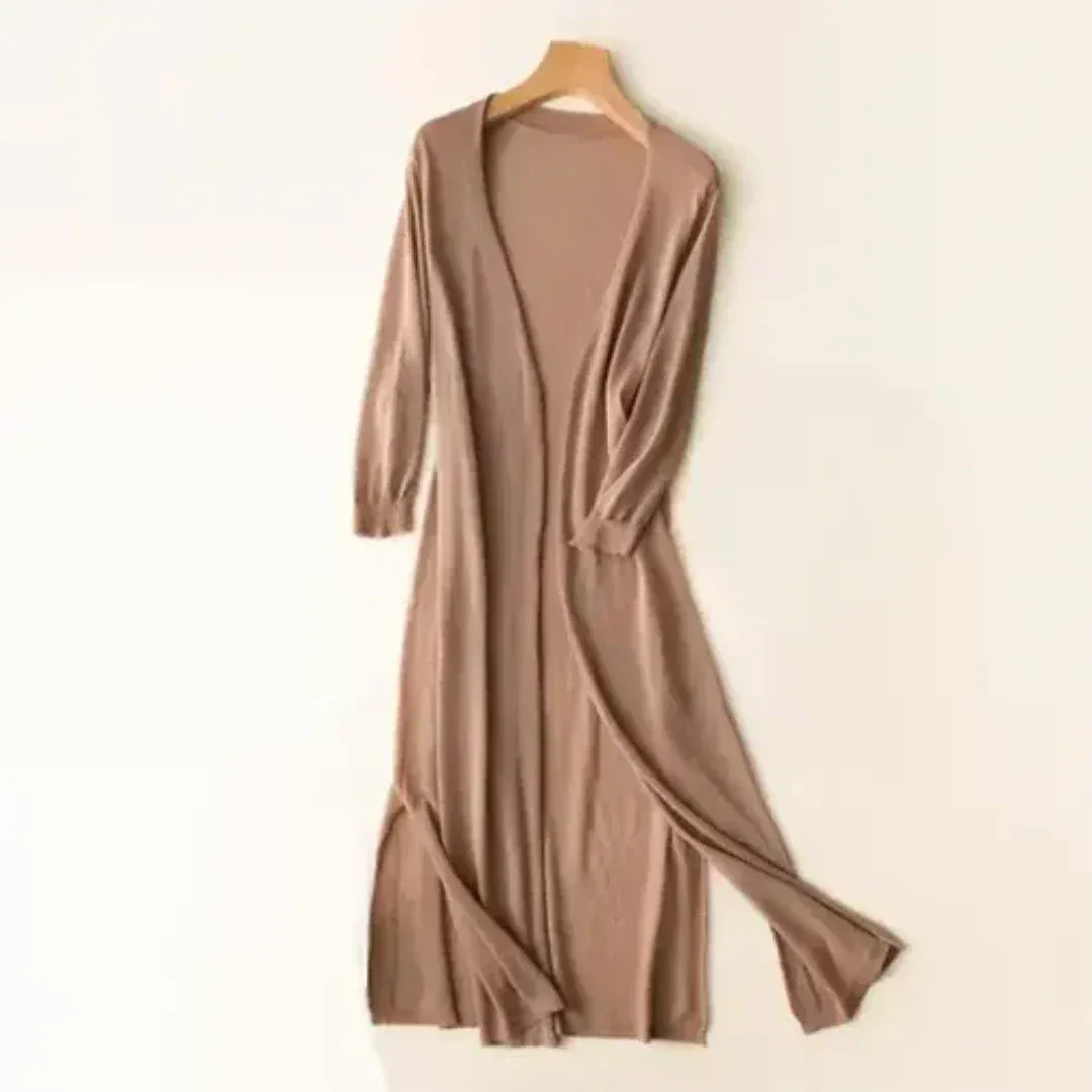 Lang vest met soepel vallende, open voorkant voor dames in khaki