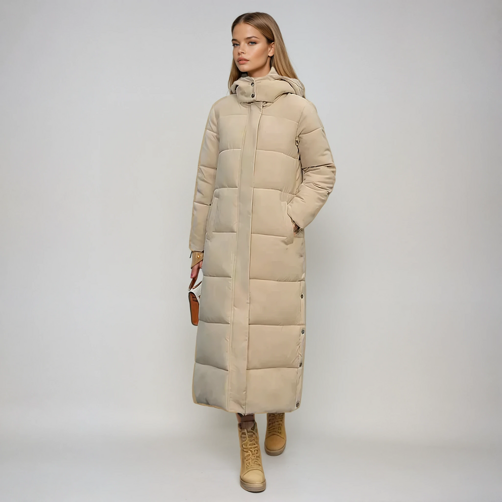 Lange gewatteerde jas met capuchon voor dames in beige