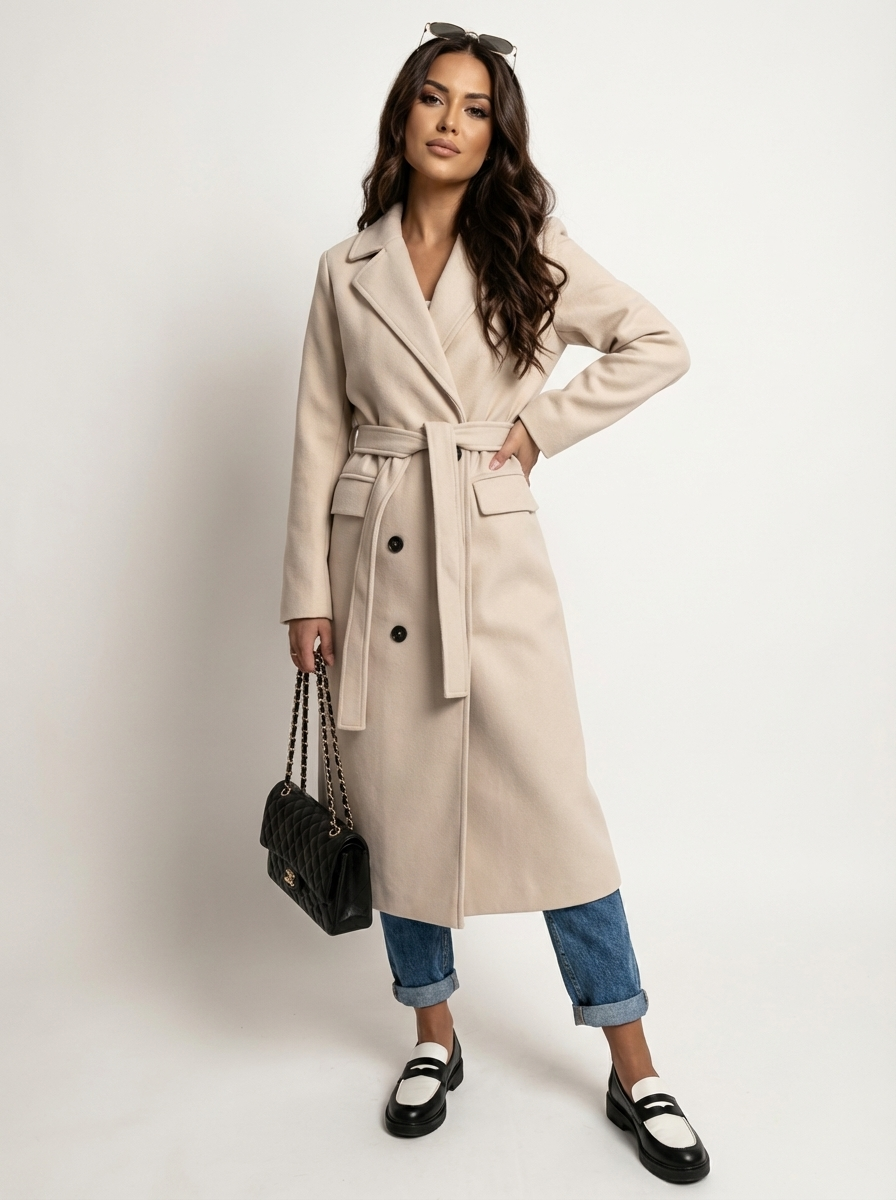Lange jas met double-breasted sluiting en revers voor dames in beige