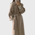 Lange jas met afneembare ceintuur en revers voor dames in lichtbeige