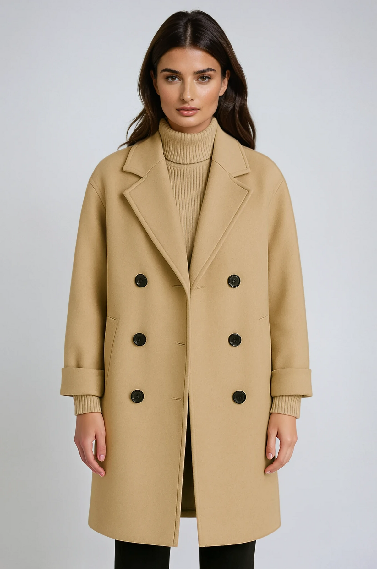 Lange jas met ceintuur en dubbele knoopsluiting voor dames in beige