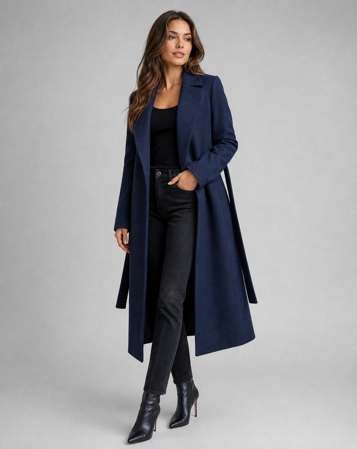 Lange mantel met reverskraag en knoopsluiting voor dames in marineblauw