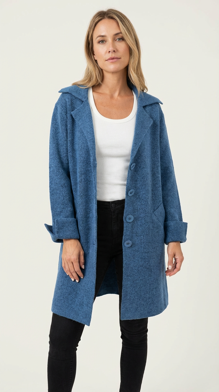 Lange mantel met omslagkraag en steekzakken voor dames in blauw