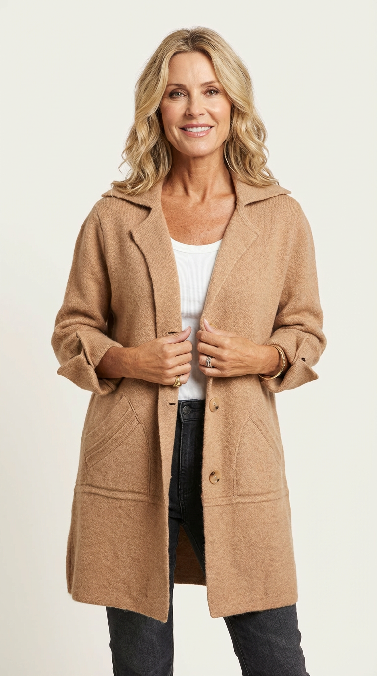 Lange mantel met omslagkraag en steekzakken voor dames in khaki