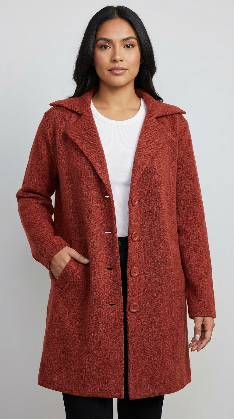 Lange mantel met omslagkraag en steekzakken voor dames in rood