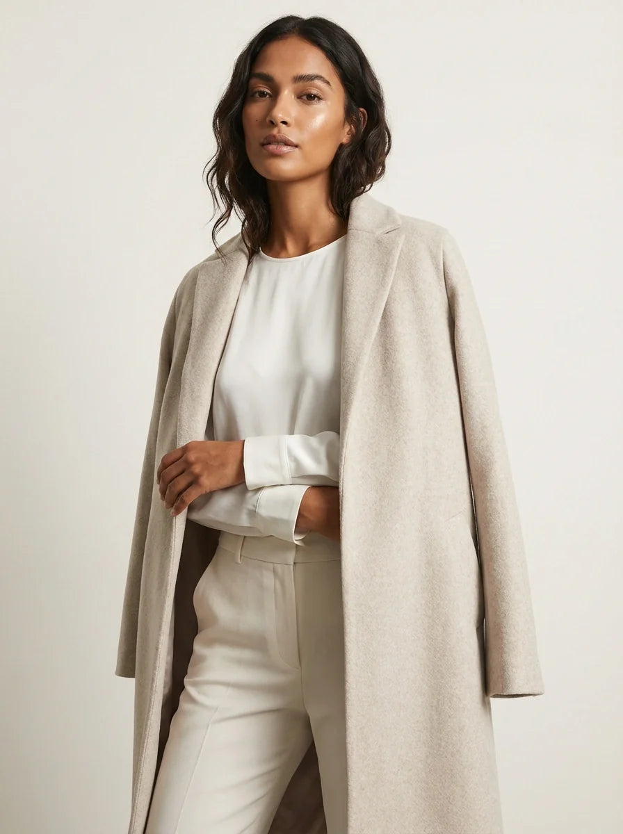 Lange mantel met open design en reverskraag voor dames in beige