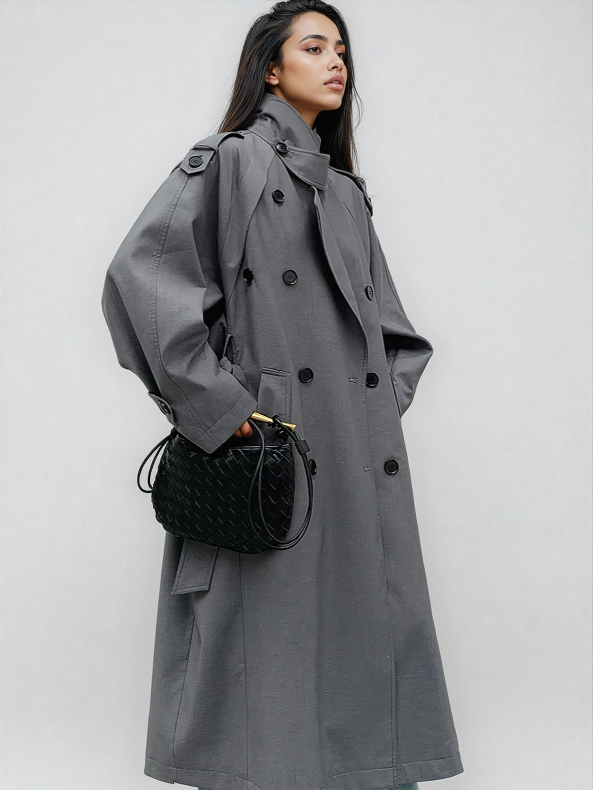 Lange trenchcoat met afneembare ceintuur en stormflap voor dames in grijs