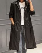 Lange trenchcoat met capuchon en knoopsluiting voor dames in zwart