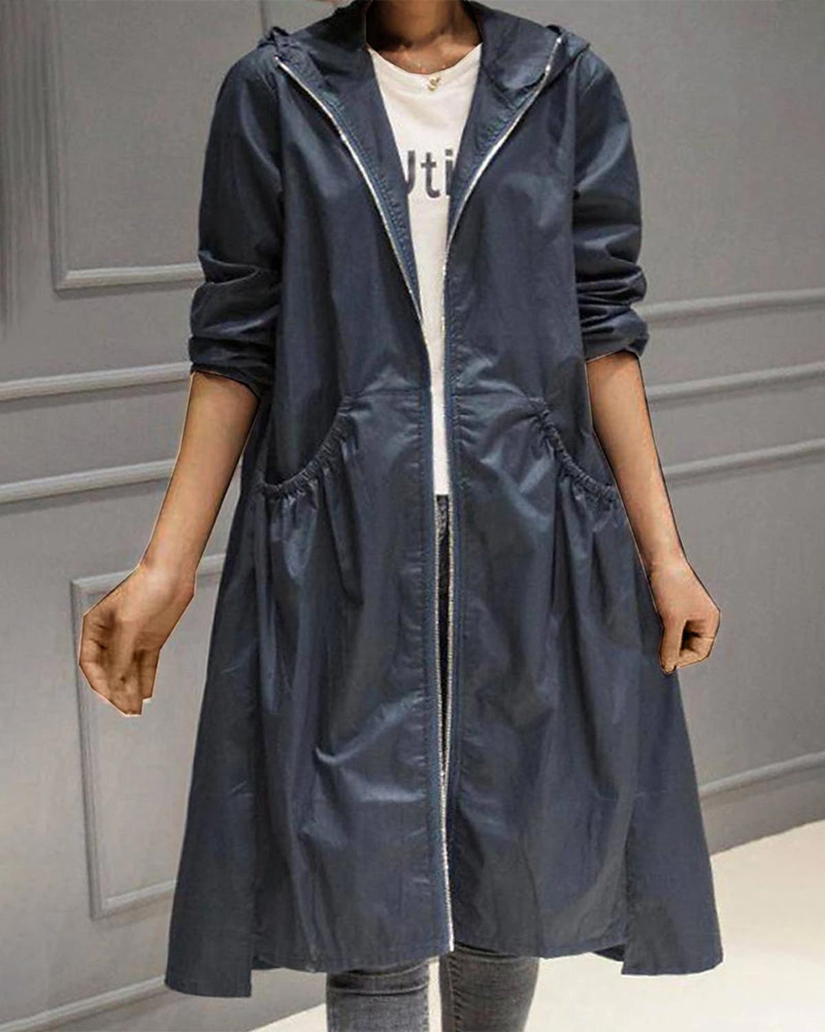 Lange trenchcoat met capuchon en knoopsluiting voor dames in donker denim