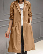 Lange trenchcoat met capuchon en knoopsluiting voor dames in bruin