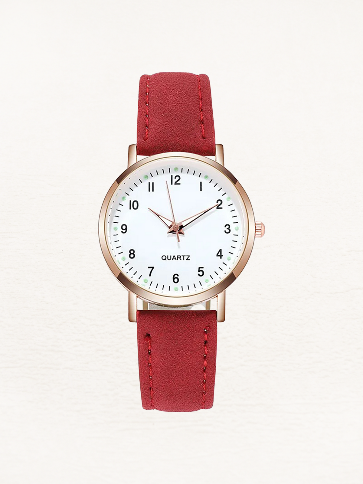 Leren dameshorloge met roségoudkleurige kast in rood