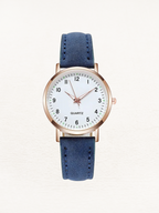 Leren dameshorloge met roségoudkleurige kast in blauw