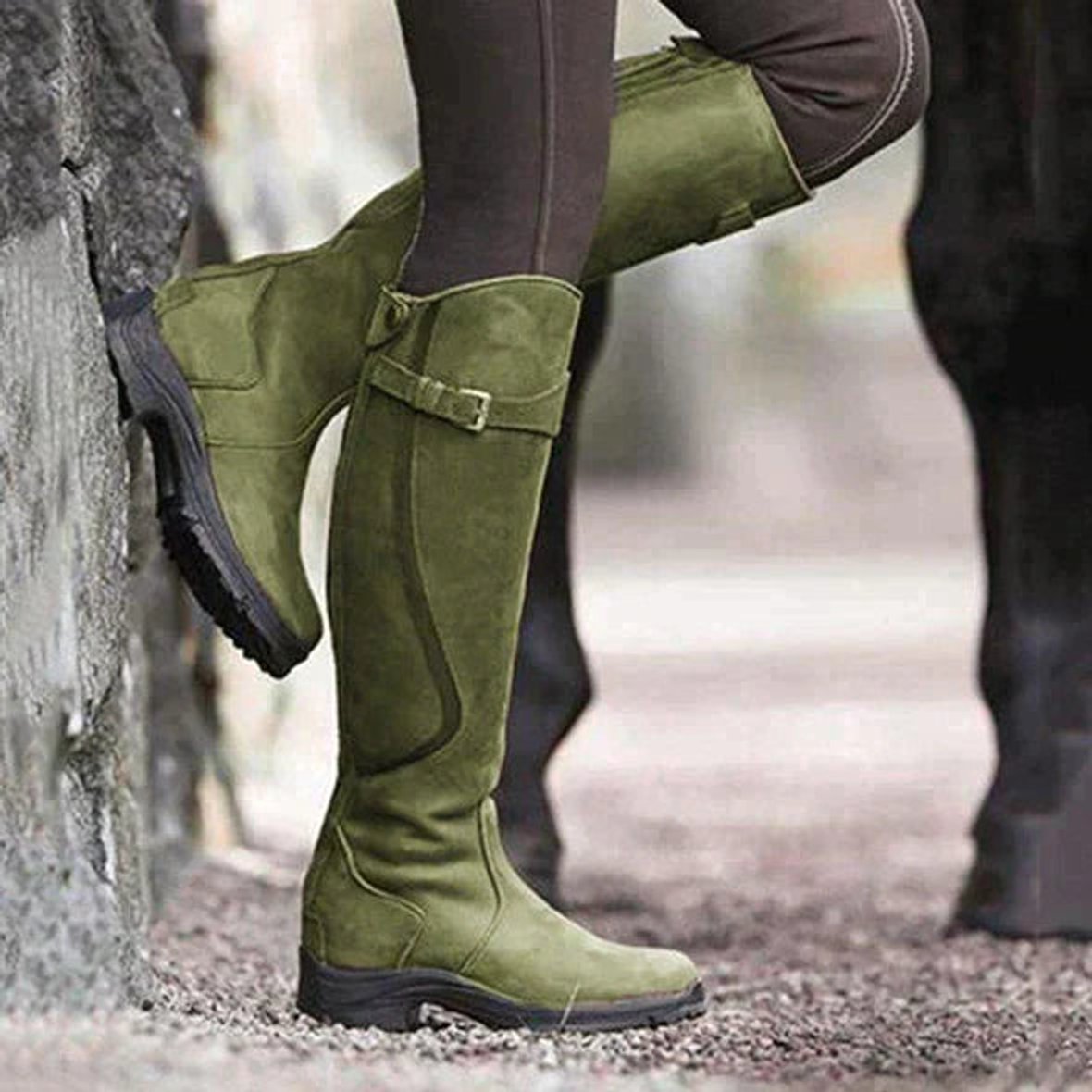Leren kniehoge laarzen met antislipzool voor dames in groen