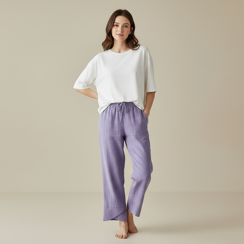 Licht ingekorte broek met stretch in lila