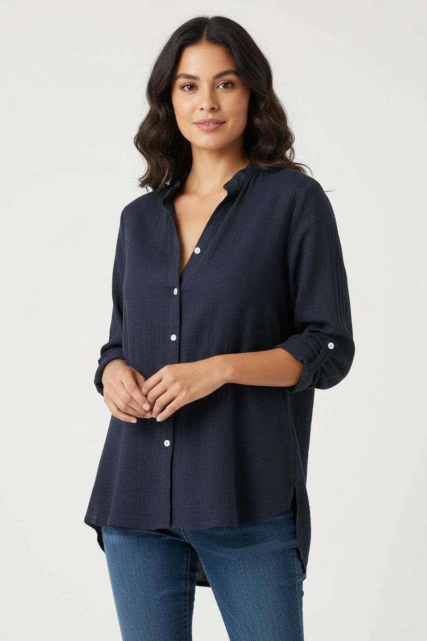 Linnen blouse met klassieke kraag in navy