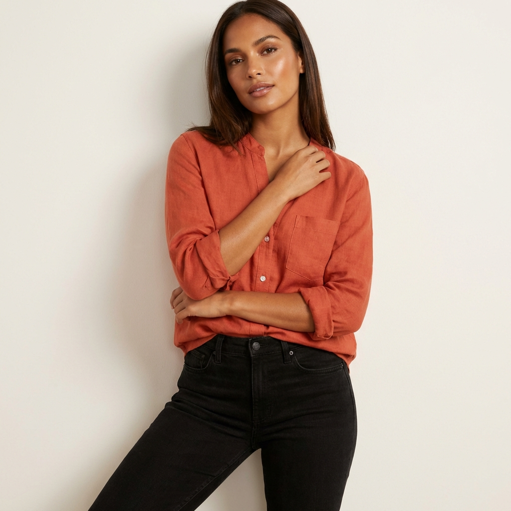 Linnen blouse met knoopsluiting in oranje