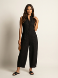 Linnenlook jumpsuit met wijde pijpen en kraag
